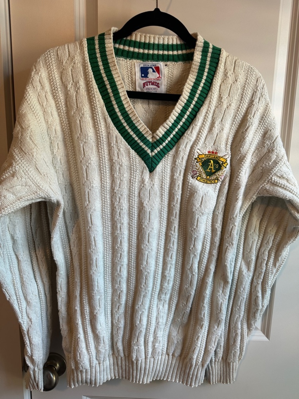 Vintage Oakland A's Cream Cable Knit V-Neck Sweater with Green Trim